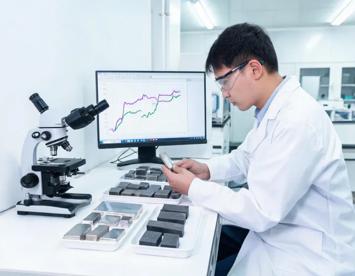 Metallurgical laboratory reviewing specialty alloy samples