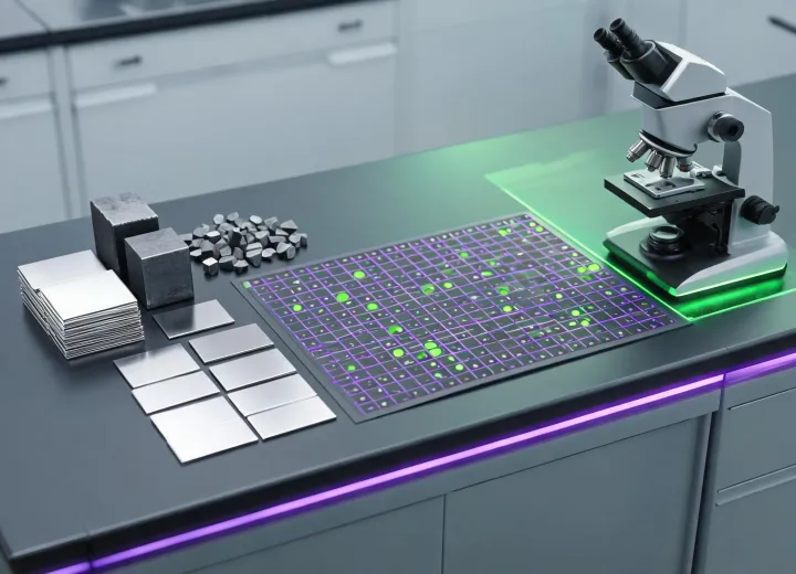 Metallurgical matrix with alloy samples and microscope